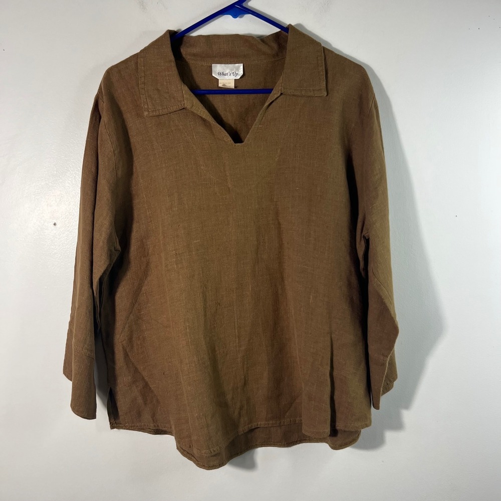 Womens Whats Up V Neck Slub Linen Tunic Brown‎ M Collar 3/4 Sleeve